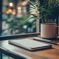 A comfortable and inviting workspace with a laptop mug of hot beverage and potted plant on a wooden desk creating a peaceful and productive atmosphere
