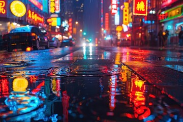 Fototapeta premium A cyberpunk cityscape bathed in the vibrant glow of neon lights, creating a futuristic and dystopian atmosphere.