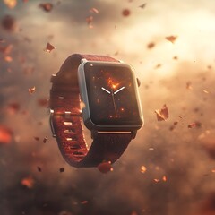 A sleek contemporary smartwatch surrounded by a captivating display of warm flickering flames and sparks creating a futuristic and mysterious atmosphere