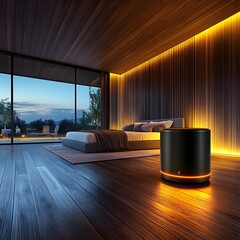 Luxurious and contemporary bedroom design featuring warm wood tones cozy furnishings and smart voice controlled lighting that creates a serene and inviting atmosphere with stunning outdoor vistas