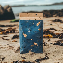 Sustainable and eco friendly product packaging mockup with a neutral natural design placed on a serene beach landscape featuring sand rocks and coastal elements