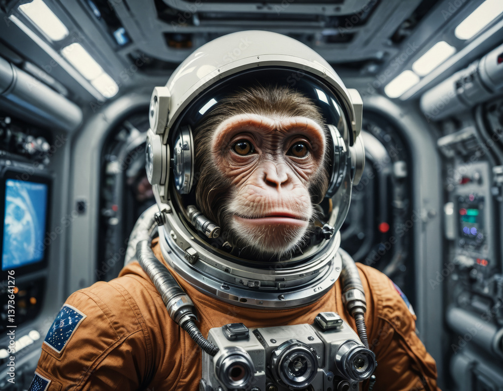 Wall mural exploring the cosmos through the eyes of a brave astronaut monkey on a thrilling journey in a futuri