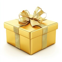 Luxurious Golden Gift Box with Elegant Satin Ribbon and Bow on a White Background for Celebration Themes