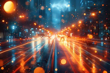 A long exposure photograph of a busy highway at night with streaks of light and a bokeh effect.