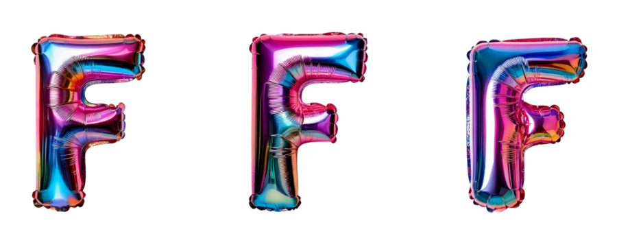 Ai Generated Set of Holographic Metallic Foil Capital F Inflated Balloon Letters against Transparent Background