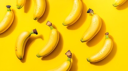 Top down view of a group of ripe fresh yellow bananas arranged in a vibrant minimalist pattern against a bright yellow background