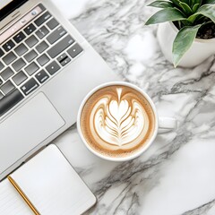 A cozy workspace with an open laptop a freshly brewed coffee cup and a potted plant on a sleek marble desktop surface