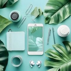 A visually appealing workspace featuring a smartphone laptop headphones and other office supplies surrounded by lush green leaves creating a harmonious blend of technology and nature