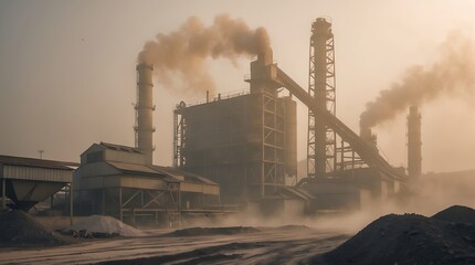 Cement factory emitting smoke amidst climate change concerns at dusk time