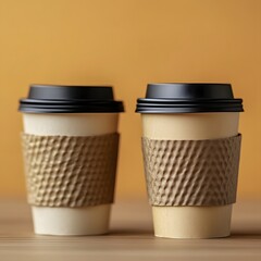Two identical disposable coffee cups with a textured ceramic like exterior sitting side by side on a warm toned wooden table or surface