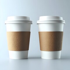 Two white disposable takeaway coffee cups with brown cardboard sleeves placed side by side on a plain background