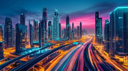 Obraz premium A vibrant and futuristic cityscape featuring a sleek, illuminated road leading into a horizon of towering skyscrapers with bold and reflective glass facades