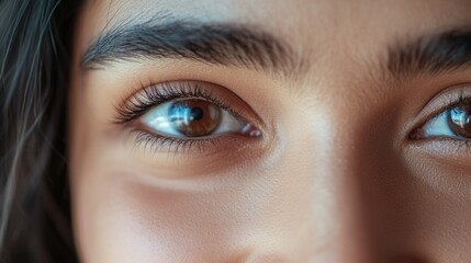 Fototapeta premium Eyes looking upwards, with eyelashes and brown irises