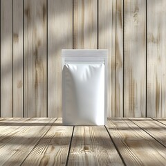 A plain white matte ziplock pouch resting on a wooden floor or table providing a clean and minimal background for product presentation or branding design