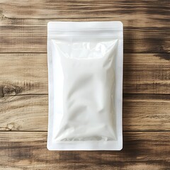 A plain white matte ziplock pouch displayed on a simple wooden surface creating a clean and minimal product presentation