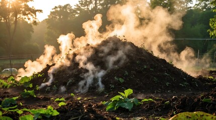 Compost pile steaming in the morning light demonstrates natural decomposition process