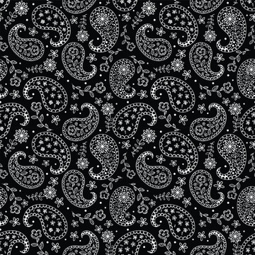 White paisley motifs on black seamless vector pattern