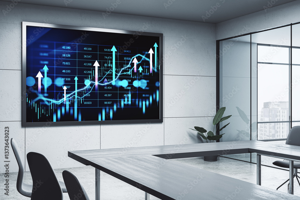 Poster Digital financial chart with growth arrows displayed on a screen in a modern conference room. 3D Rendering