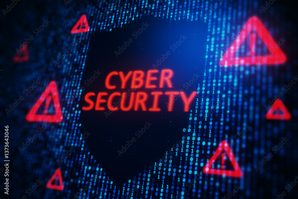 Poster Cybersecurity digital concept with glowing red warning symbols and binary code on a dark blue background. 3D Rendering