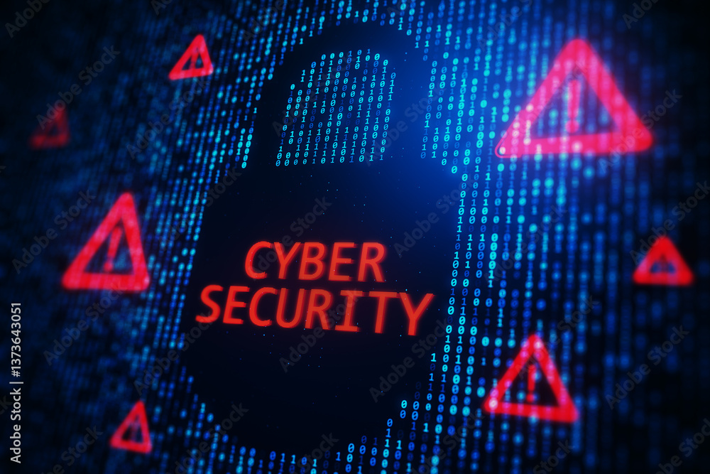 Poster Cybersecurity digital lock with binary code and warning symbols in neon blue and red. 3D Rendering