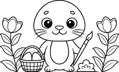 Cartoon Seal with Basket, Brush, Floral Design Outlines on Transparent Background