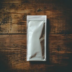 A simple and clean white matte ziplock pouch placed on a rustic natural wooden background with a minimalist commercial presentation