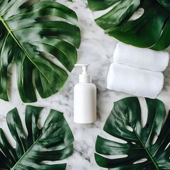 Lush tropical leaves surrounding a clean white beauty product bottle mockup on a minimalist marble background showcasing natural skincare and wellness concepts