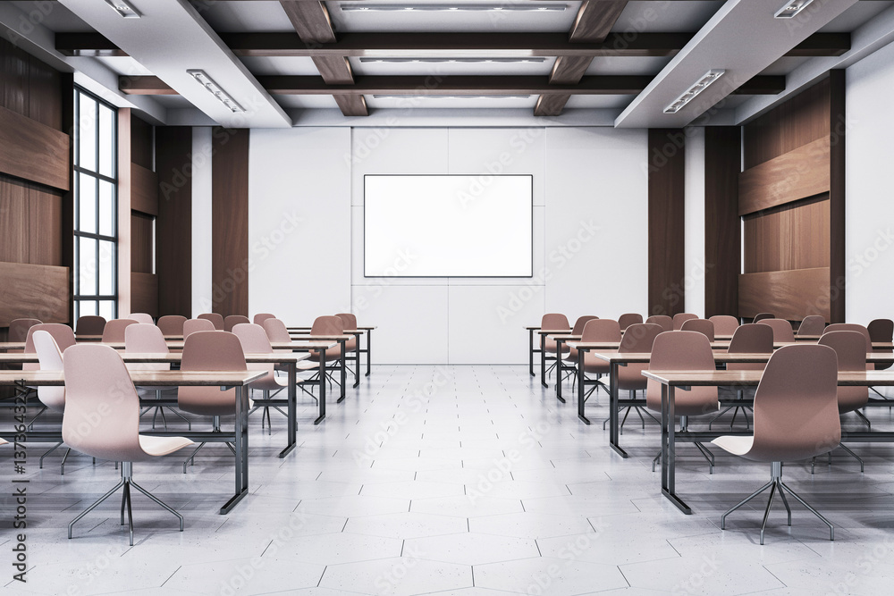 Aufkleber modern corporate training room interior with blank poster frame on wall and rows of chairs in clean 