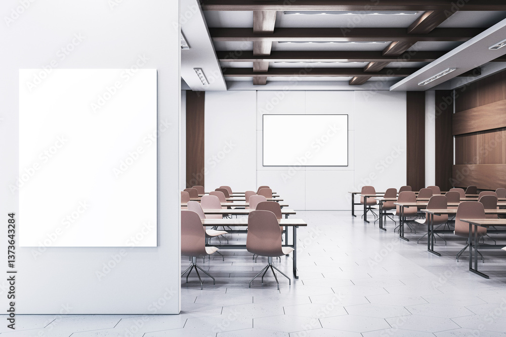 Leinwandbilder modern corporate training room interior with blank vertical poster frame on wall and empty desks arr