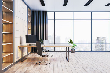 Modern light-filled office interior with large windows, wooden shelves, and minimalist workspace overlooking cityscape in a corporate building. 3D Rendering