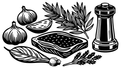 Vintage hand drawn food vector illustration set with apple, pepper, flower, leaf, and nature design