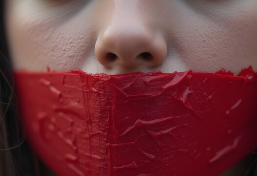 Close-up on woman face with mouth covered by red tape. Concept for censorship