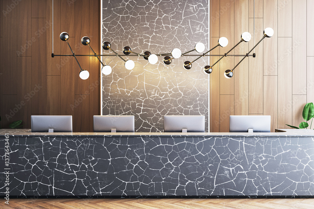 Poster Modern reception desk in stylish office interior with computers and creative lighting on wooden and marble background wall elements. 3D Rendering
