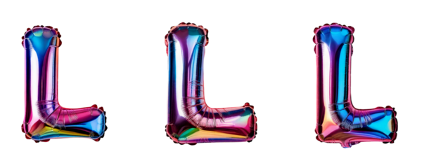 Ai Generated Set of Holographic Metallic Foil Capital L Inflated Balloon Letters against Transparent Background