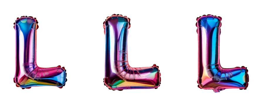 Ai Generated Set of Holographic Metallic Foil Capital L Inflated Balloon Letters against Transparent Background