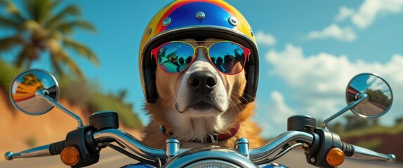 quirky giraffe dog on motorcycle with sunglasses and helmet
