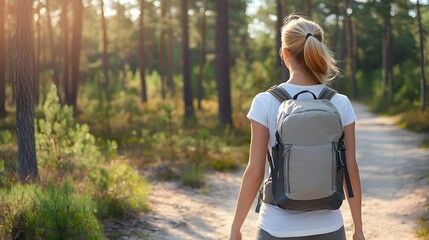 A young woman in casual clothes hiking along a peaceful forest trail surrounded by lush trees and natural scenery