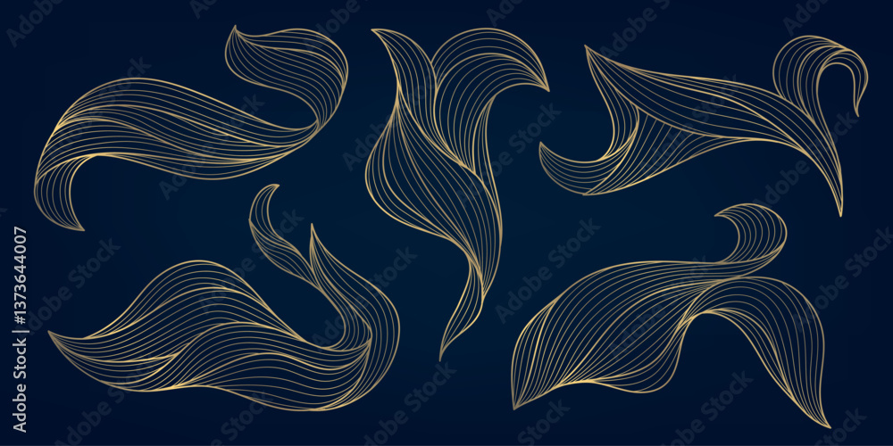 Poster vector set of gold line wave shapes, curve flow, cloud illustrations isolated. leaves, swirl premium