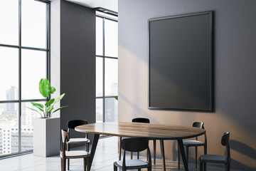 Modern dining room with black frame mockup on dark wall. 3D Rendering
