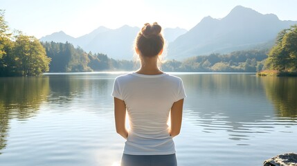 A woman contemplating the tranquil waters of a lake surrounded by majestic mountains and a lush forested landscape