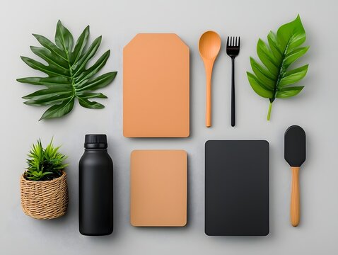 Minimalist flat lay arrangement showcasing a range of diverse storage solutions in materials like cardboard wicker and metal on a light wooden tabletop for a streamlined
