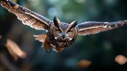 Obraz premium Majestic Owl in Flight with Outstretched Wings and Intense Gaze
