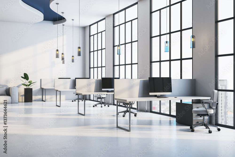 Poster modern office interior with large windows and city view. 3d rendering