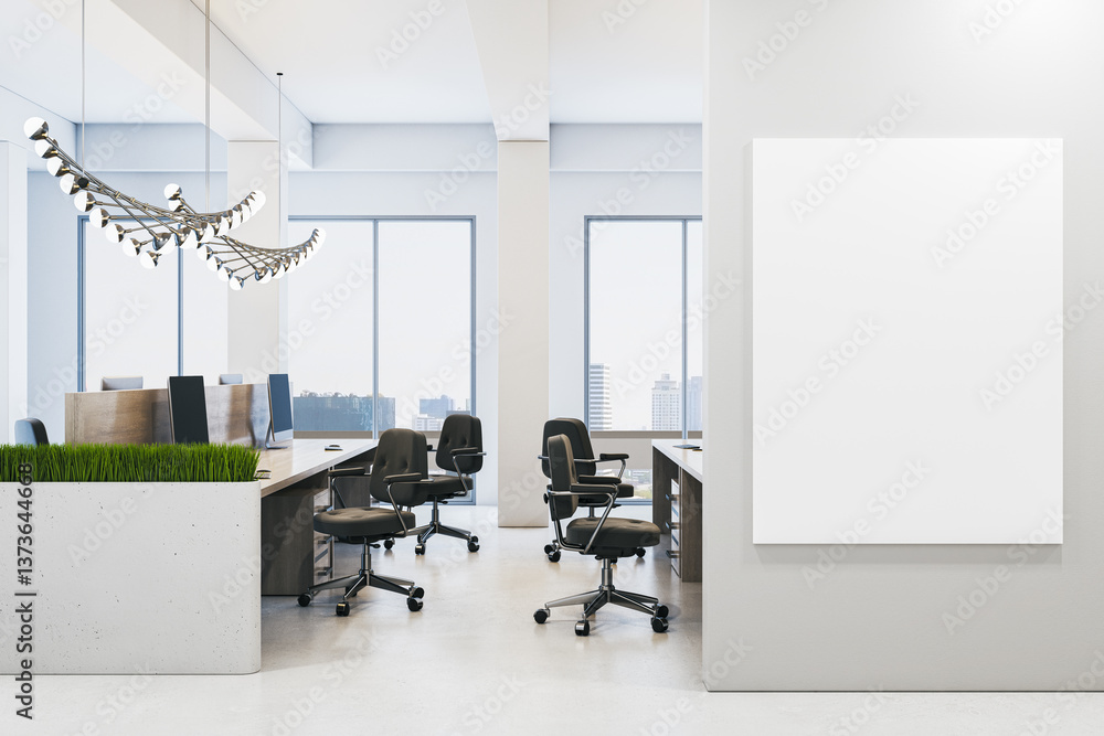 Poster modern office interior with blank vertical canvas on wall. 3d rendering