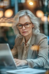 Obraz premium Woman in glasses working on a laptop, focused on her screen in an office environment with soft lighting.