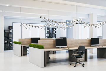Modern open-plan office interior with stylish lighting and workstations. 3D Rendering