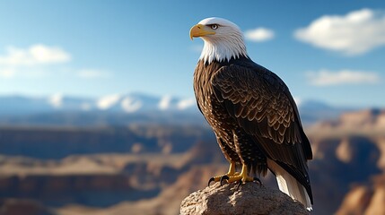 Fototapeta premium Majestic Bald Eagle Perched on Rocky Outcrop Overlooking Canyon View