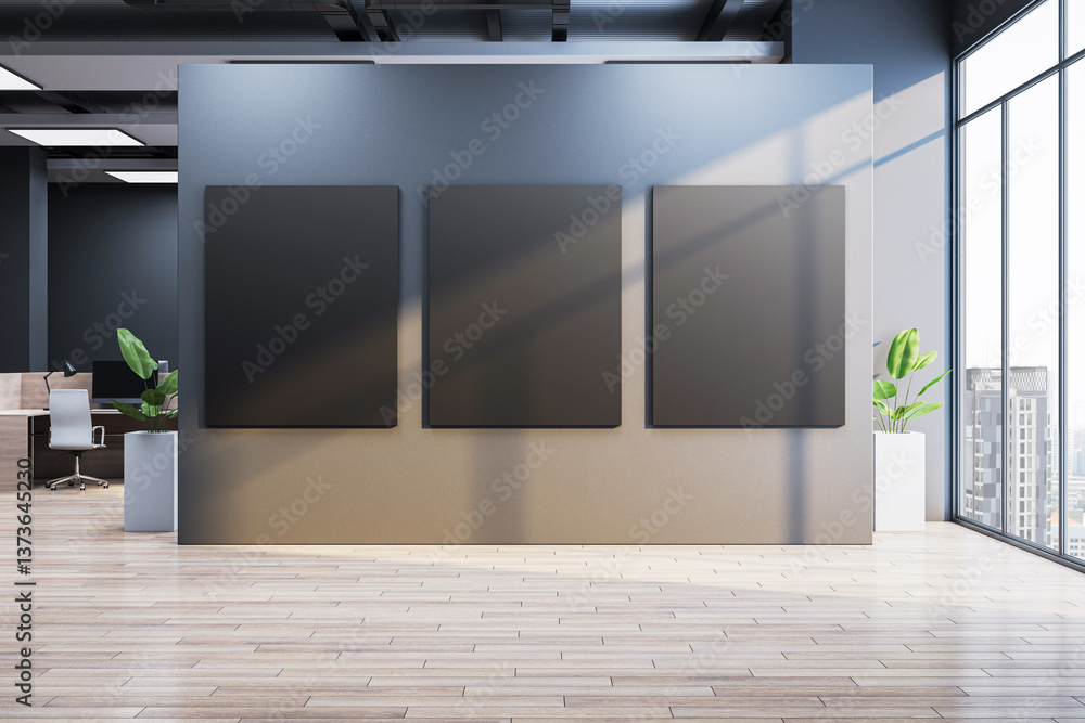Poster Modern office interior with three vertical blank black posters on partition wall in front of large windows with city view and natural light. 3D Rendering