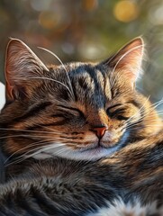Cozy tabby cat sleeping comfortably on a soft blanket in a relaxed and peaceful environment