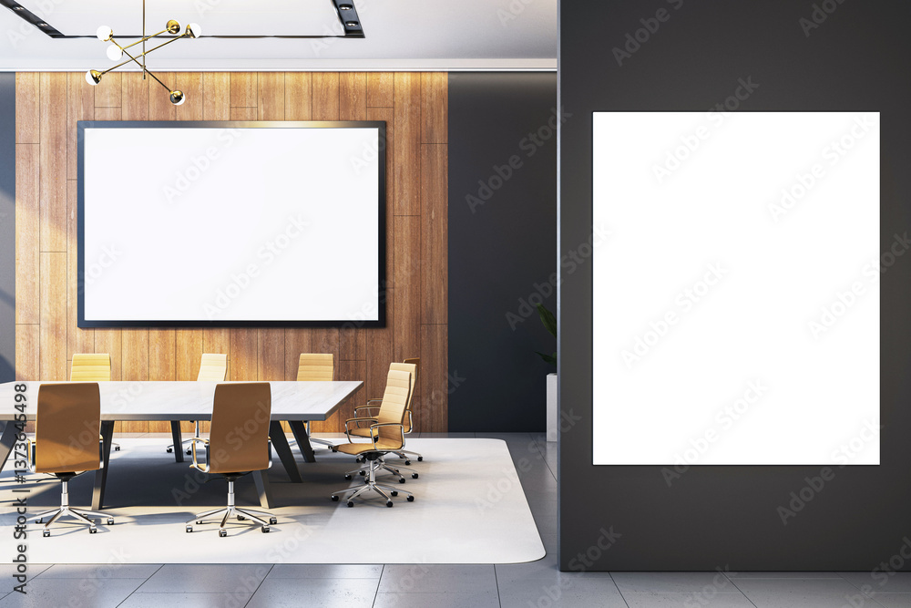Poster modern corporate meeting room interior with blank vertical and horizontal poster frames on wall for 